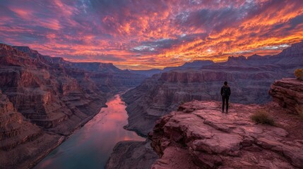 Breathtaking sunset over the Grand Canyon with a lone figure observing the vibrant sky