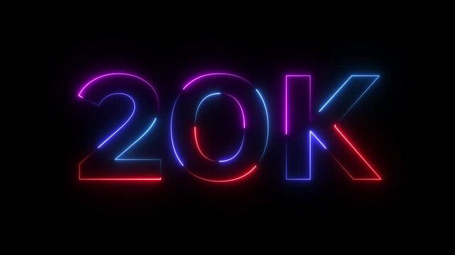 Neon 20 K Sign Glowing Red Blue Purple Numbers Isolated on Black Background twenty thousand neon sign