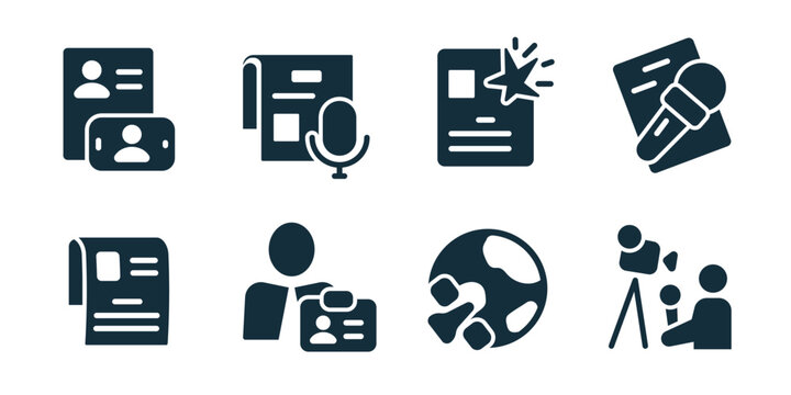 Television and media excellent icon collection. Identity cards, podcast recording, breaking news, microphone press, newspaper report, media badge, globe world, video filming icons