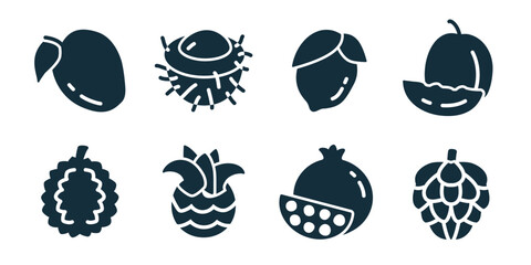 Fruits excellent icon collection. Mango, chestnut, lemon, melon slice, raspberry, pineapple, pomegranate, hops icons