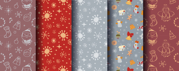Set of 5 cute cosy seamless Christmas ornaments with festive winter elements. Perfect for holiday backgrounds, wrapping, cards, textiles, packaging, prints and seasonal designs. Vector format.