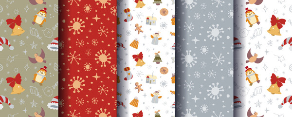 Set of 5 cute cosy seamless Christmas ornaments with festive winter elements. Perfect for holiday backgrounds, wrapping, cards, textiles, packaging, prints and seasonal designs. Vector format.