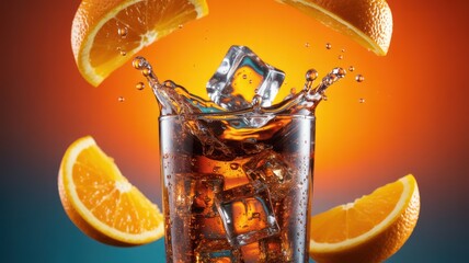 High-Speed Splash of an Ice Cube into a Glass of Cold Soda with Falling Orange Slices on a Vibrant Teal and Orange Gradient Background