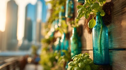 Sunlit basil plants sprout from blue glass bottles mounted on a weathered wooden wall, cityscape blurred in the background, creating a vibrant, urban garden.

