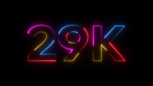 Neon 29 K Number Glowing Multicolor Sign on Black Background twenty nine thousand neon sign glowing numbers