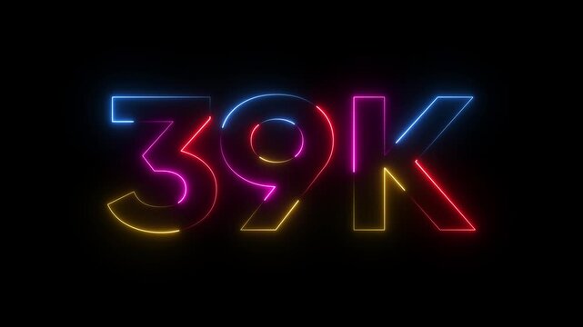 Colorful neon numbers thirty nine thousand 39k glowing brightly on black background for counting achievement celebration