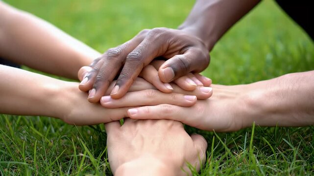 Diverse hands clasped together in unity and support symbolizing teamwork collaboration community inclusivity and a shared commitment to positive change outdoors
