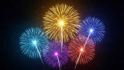 Vibrant colorful fireworks exploding in the night sky with brilliant bursts of gold blue purple red and cyan light for festive celebration and holiday events