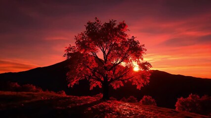 Dramatic crimson sunset over a solitary tree silhouetted against fiery red skies and rolling hills a surreal landscape evoking feelings of peace wonder and autumnal beauty