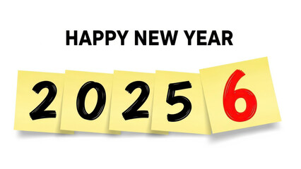 Happy New Year 2026 concept with yellow sticky notes showing the transition from year 2025 to 2026 on a clean white background with bold black text
