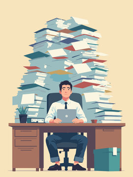 A man sitting at a desk buried under a literal mountain of paperwork. 'Work Stress' concept. Flat vector, humorous exaggeration