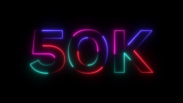 Neon 50 K milestone celebration number fifty thousand colorful glowing red blue green pink numbers on black background