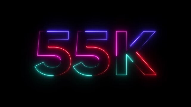 Neon 55k milestone celebration number sign colorful glowing red blue green purple lines on black background