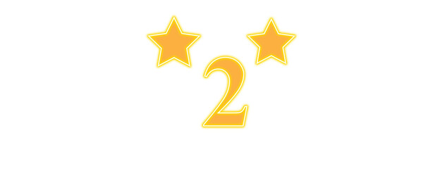 Glowing Two Star Rating Icon with Golden Neon Effect on Transparent Background