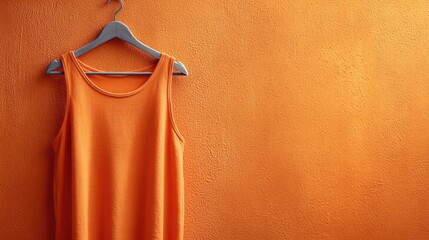 Bright orange tank top hanging against a textured orange wall, creating a vibrant monochromatic scene