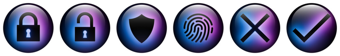 Glass round button icons featuring Protection and Security symbols with Blue and Purple Neon Glow. Privacy and Cybersecurity icon pack.