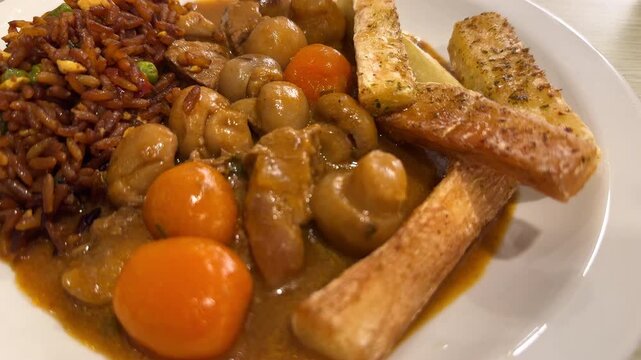 Latin American Beef Stew with Whole Mushrooms, Yuca Fries, Baby Carrots and Fried Egg Rice
