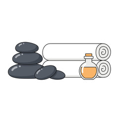 Stack of stones, rolled towels, and a glass bottle with oil on a transparent background