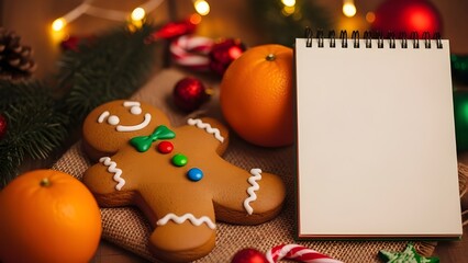 Festive holiday scene with gingerbread man and blank notepad for notes