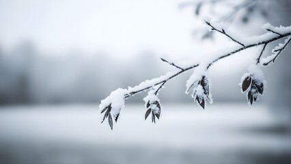Snowy branch with frozen leaves in winter landscape