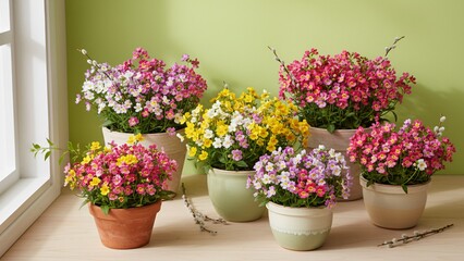 Fototapeta premium Assortment of Colorful Blooming Flower Pots with Pussy Willows