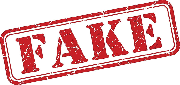 A distressed rectangular red stamp boldly proclaims the word fake in capital letters signifying deception