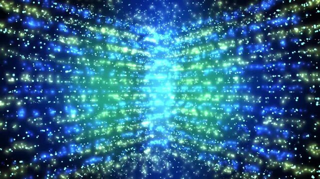 Glowing abstract digital background with blue and green particle light rays in motion for technology