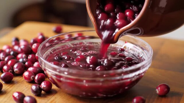 A glass bowl on a wooden table being filled with cranberry sauce from a brown jug, surrounded by scattered cranberries
