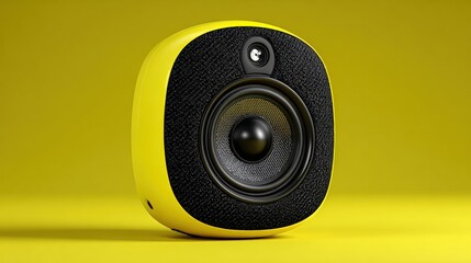 Bright yellow speaker on a vibrant yellow background, showcasing modern design and audio quality