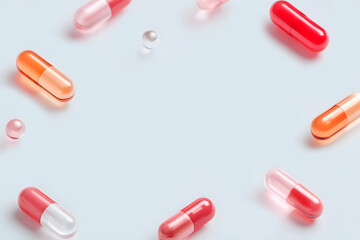 Conceptual 3D pill composition on gray background for healthcare and pharma design.