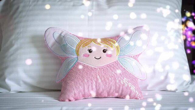 A pink fairy pillow with a smiling face and blue wings on a bed