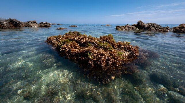 A clear shallow ocean scene with submerged rocks covered in brown seaweed under a bright blue sky