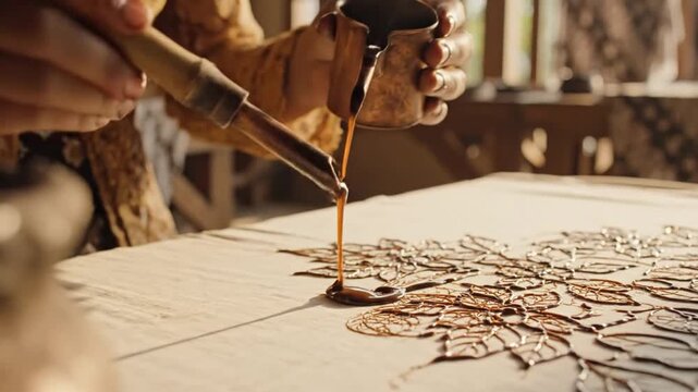 Close-up of a person crafting a floral design with brown wax using a tool. The process is depicted in detail