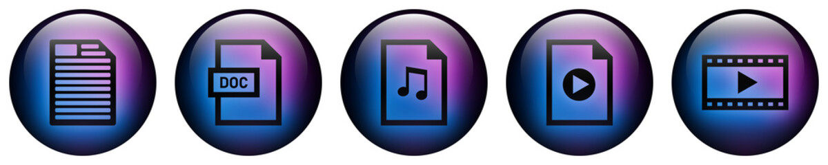 Glass round button icons featuring File and Multimedia symbols with Blue and Purple Neon Glow. Includes Document, Music, Video, and Movie icon set.