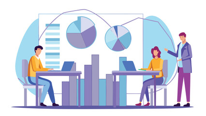 Fototapeta premium Business professionals analyzing data on laptops in modern office, flat vector illustration of teamwork and data analysis
