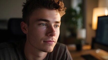 Young man intently focused on a computer screen illuminated by soft warm light in a quiet room