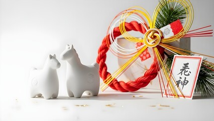 Two white horse figurines stand beside a festive red and yellow bow and a sign with Asian characters on a white surface.