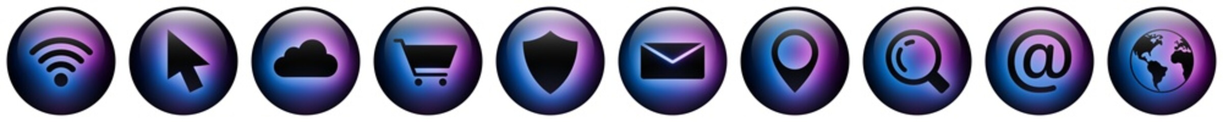 Glass round button icons featuring Web and E-commerce symbols with Blue and Purple Neon Glow. Internet, Cloud, and Shopping icon set.