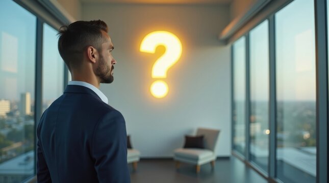 Hombre de negocios en la oficina mirando fijamente un gran signo de interrogaci&oacute;n brillante proyectado en una pared blanca
