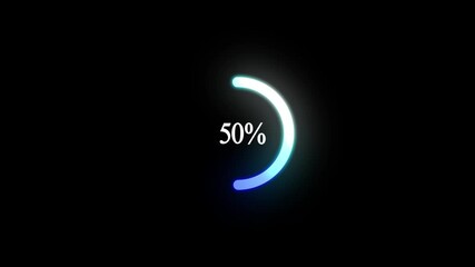 Circle loading bar icon animation on black background. White and blue color loading, processing bar 0 to 100 percent. - Powered by Adobe