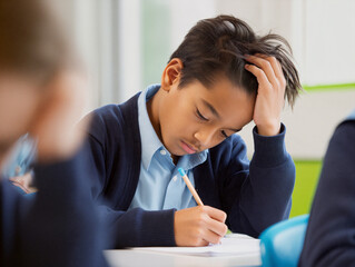 A young boy works intently on his exam in a bright classroom, showing signs of concentration and concern about his answers. Education and knowledge concept. Generative AI.