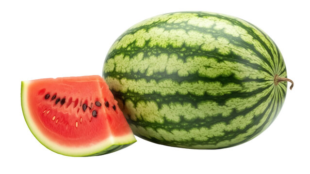 Ripe watermelon with a slice isolated PNG, refreshing summer fruit with green rind and juicy red flesh on transparent background