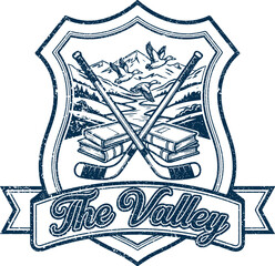 Retro patch of an ice hockey player in the mountains.