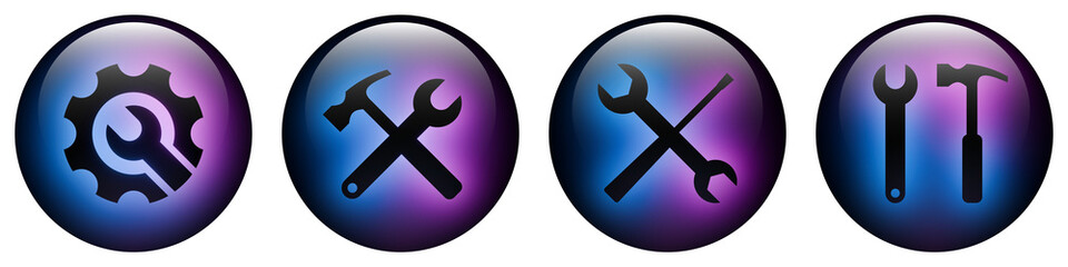 Glass round button icons featuring Settings and Repair symbols with Blue and Purple Neon Glow. System Tools and Service icon pack.