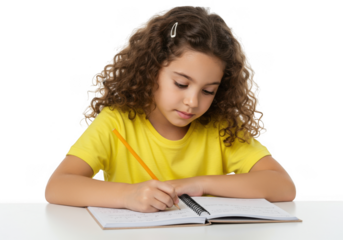Young girl with curly hair writing in a notebook isolated on transparent background