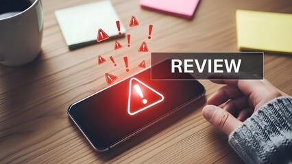 Smartphone with Red Warning Alert Icons and Review Button | Feedback and Online Security Concept