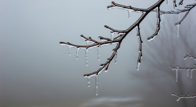 A close-up of a tree branch covered in icicles on a foggy day - Powered by Adobe