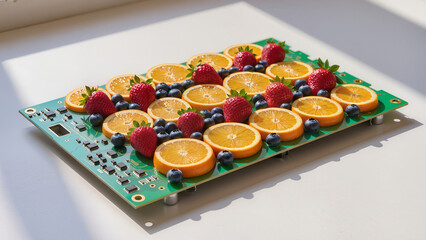 Fresh citrus fruit and berries arranged on electronic circuit board indoors. Concept of food technology, healthy innovation, and fusion of nature with digital design
