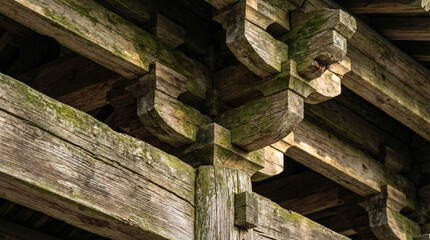 Ancient Chinese dougong architecture featuring traditional wooden joinery and timber brackets on an old Asian temple. The weathered wood with green moss shows detailed historic heritage and art.