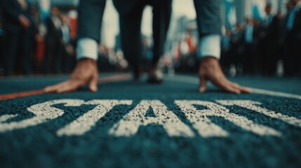 Businessman poised at the starting line of a race, with an audience in the background, symbolizing competition